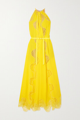 Stella McCartney Tiffany Belted Silk-georgette And Lace Halterneck Maxi Dress - Bright yellow