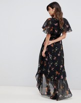 Thumbnail for your product : ASOS DESIGN maxi dress with cape back and dipped hem in dark black floral