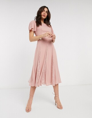 ASOS DESIGN midi dress with lace panels and blouson bodice