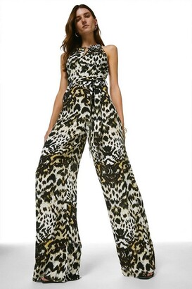 Karen Millen Leopard Print Wide Leg Woven Jumpsuit