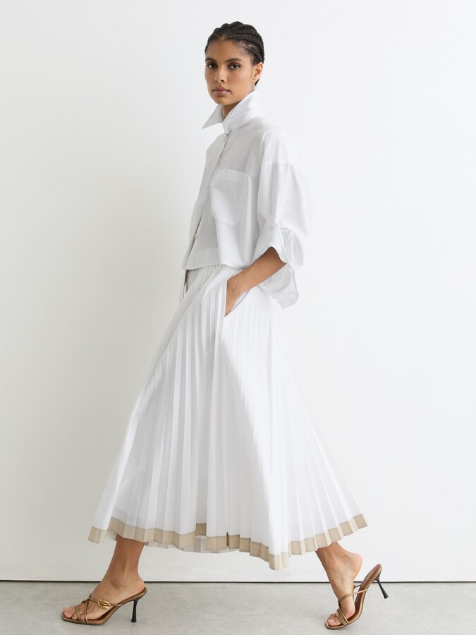 Reiss Pleated Belted Midi Skirt With Cotton