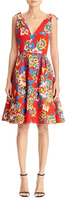 Carolina Herrera Floral Bow-Shoulder Fit-&-Flare Dress