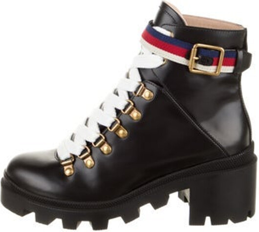 Gucci Leather Ankle Combat Boots Black Colorblock Pattern Round-Toes Platform Wrap-Around Straps & Lace-Up Closure at Uppers Includes Box & Dust Bag