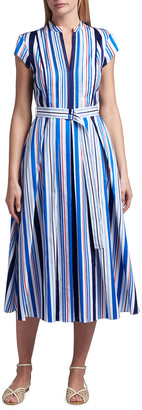Loro Piana Striped Cap-Sleeve Belted Midi Dress