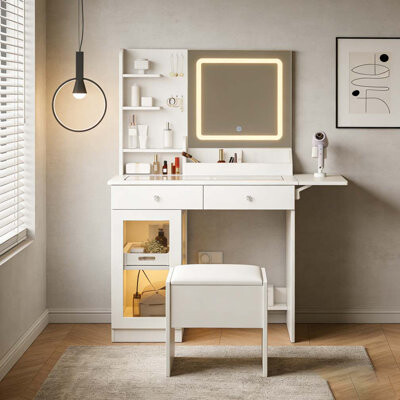 Latitude Run Small Vanity Desk with Mirror and Lights and Chair