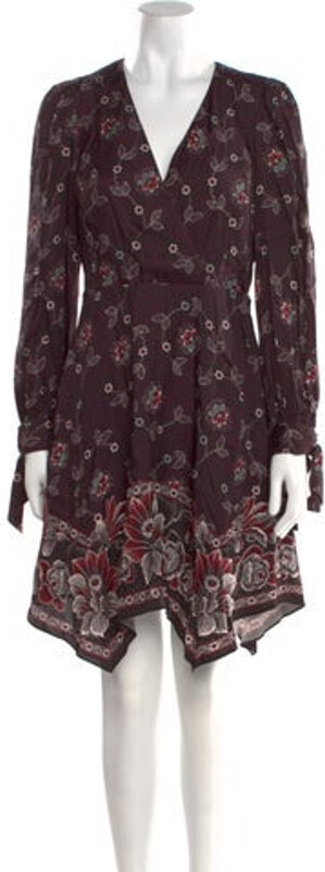 Rebecca Taylor Silk A-Line Dress Purple Paisley Print Long Sleeve with V-Neck Concealed Zip Closure at Side Designer