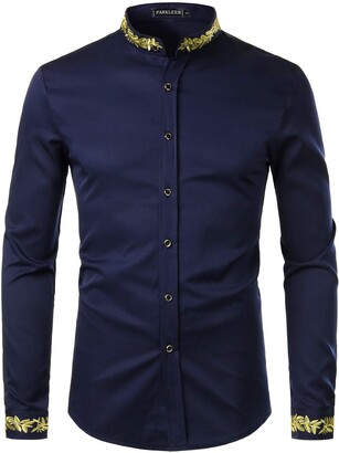 PARKLEES Men's Gold Embroidery Grandad Collar Slim Fit Long Sleeve Casual Dress Shirts PA44 Navy XXL