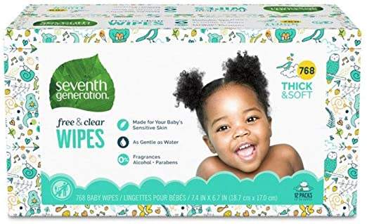 Seventh Generation Baby Wipes, Free & Clear Unscented and Sensitive, Gentle as Water, with Flip Top Dispenser, 768 count (Packaging May Vary)