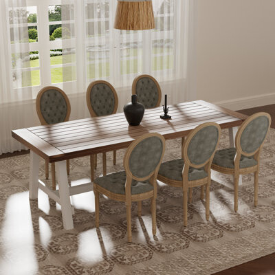 Farmerhouse Rectangle Wooden Dining Set with French Faux Leather Dining Chairs