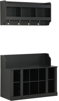Shoe Storage Bench with Shelves and 4 Hooks, Elegant Hall Tree with Wall Mounted Coat Rack, Entryway Organizer For Hallway, Foyer, Mudroom, Black