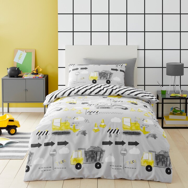 Dunelm Construction Grey 100 Cotton Reversible Duvet Cover and Pillowcase Set Grey/White/Yellow
