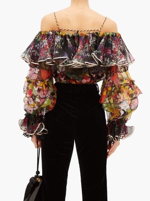Dundas Off-the-shoulder Floral-print Silk Blouse - Black Print
