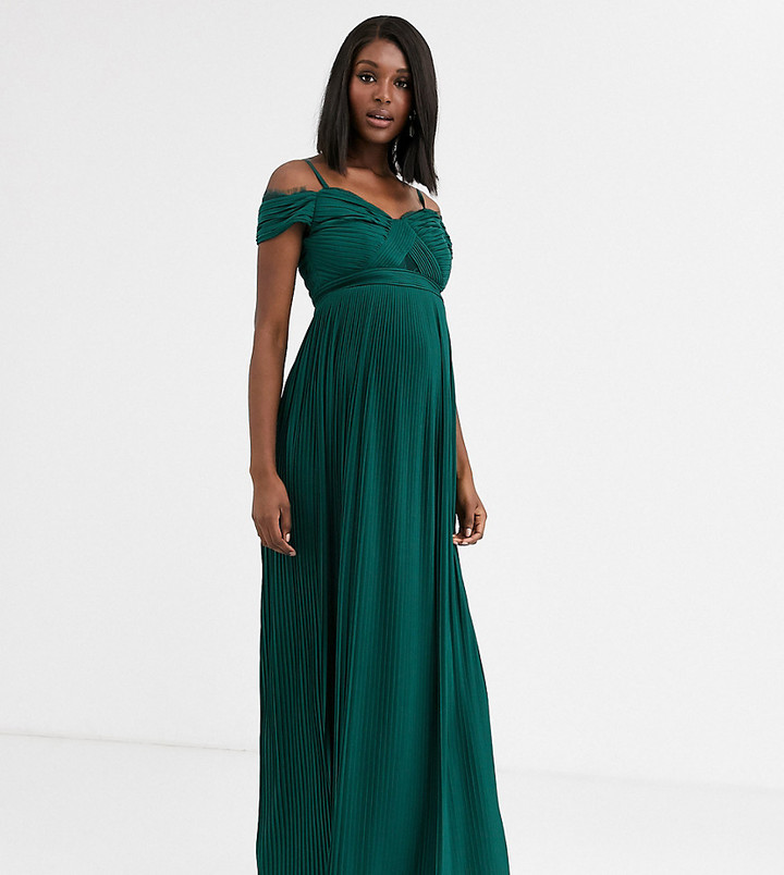 ASOS Maternity DESIGN Maternity lace and pleat off-the-shoulder maxi dress  in forest green - ShopStyle