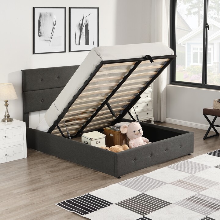 Calnod Full Size Upholstered Platform Bed with Storage Underneath, Metal Bed Frame with Tufted