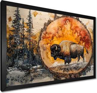Union Rustic American Bison In Wood Slide Forest Landscape I - Bison Wall Art Decor