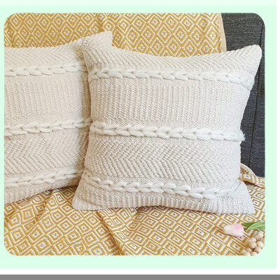 BRBCA Boho Chic Cotton Pillow Covers - Set of 2 Ivory Decorative Throw Pillow Cases for Couch Living Room Bedroom - Premium Cushion Shams Square