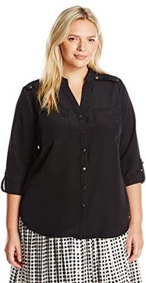 Notations Women's Plus Size Long Rolled to 3/4 Sleeve Madarin Collar Shirt