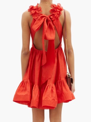 Zimmermann Lovestruck Garland Plunge-neck Linen-blend Dress - Red