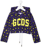 Thumbnail for your product : Gcds Kids Leopard Print Logo Cropped Hoodie