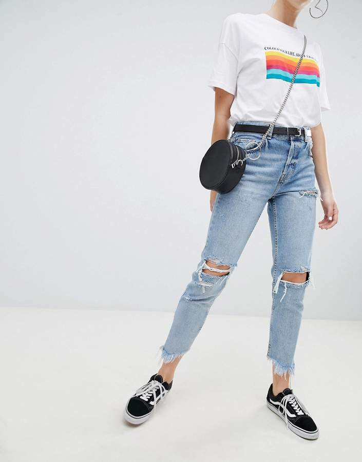 Bershka ripped straight crop in blue - ShopStyle Jeans