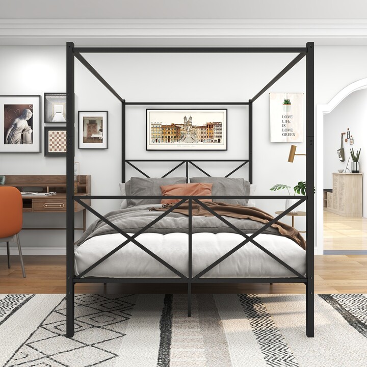 GEROJO Vintage Style Metal Canopy Bed Frame, Platform Bed Frame Queen
