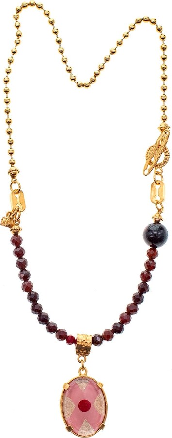 GEM Kingdom Gold / Pink Gold Plated Necklace With Intaglio Pendant And Garnet