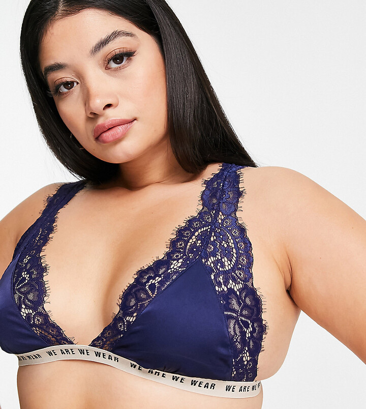 We Are We Wear Curve lace trim satin triangle bralette with logo underband  in navy - ShopStyle Bras
