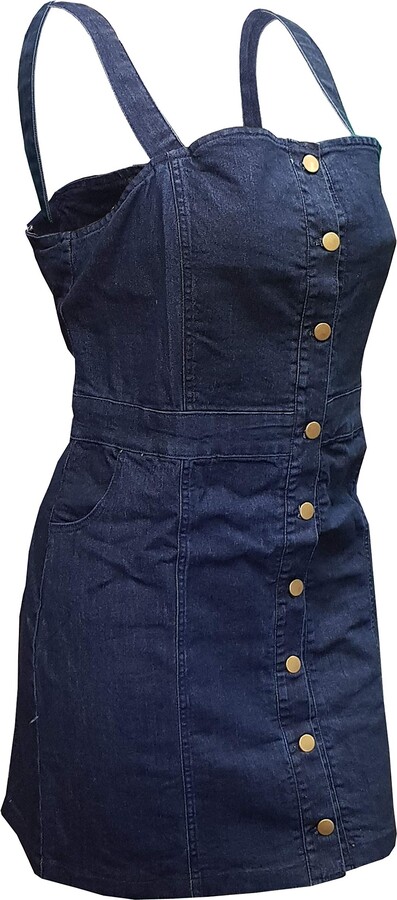 Front Pocket Button Dungaree AnyuA Ladies Strappy Denim Pinafore Dress 