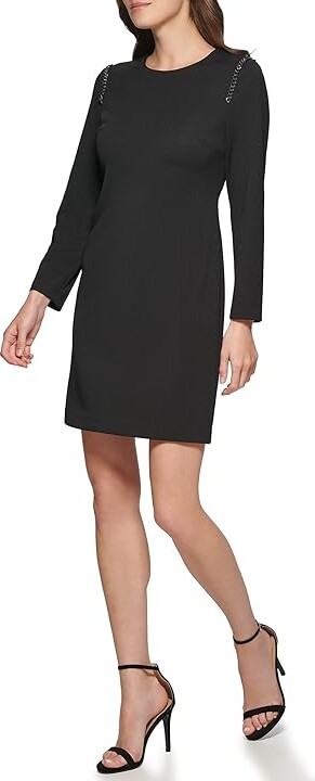 DKNY Long Sleeve Sheath Dress w/ Shoulder Chain Detail (Black) Women's Dress  - ShopStyle