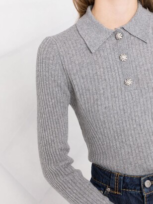 Ganni Rhinestone-Embellished Ribbed Polo Shirt