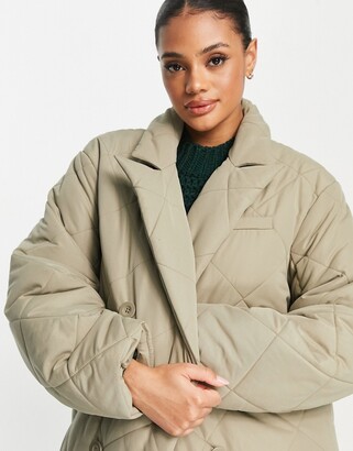 NA-KD double breasted quilted coat in light khaki