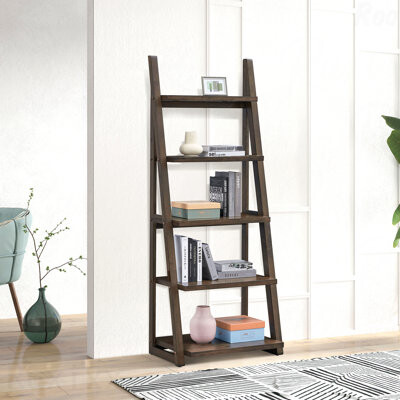 Latitude Run Rustic Brown 5-Tier Rubber Wood Ladder Shelf Bookshelf Storage Rack Bookcase For Living Room Home Office Kitchen Bedroom Apartment