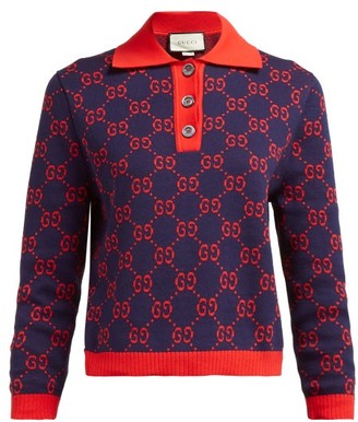 Gucci GG-jacquard Cotton Polo Sweater - Navy Multi