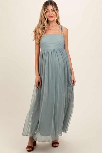 PinkblushGreenSquareNeckShoulderTieTulleMaternityMaxiDressSmall