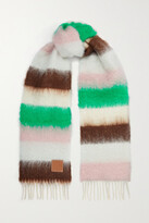 Thumbnail for your product : Loewe Leather-trimmed Fringed Striped Mohair-blend Scarf - Light blue