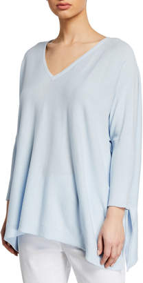 Joan Vass Oversized V-Neck Ribbed-Sleeve Cotton Sweater