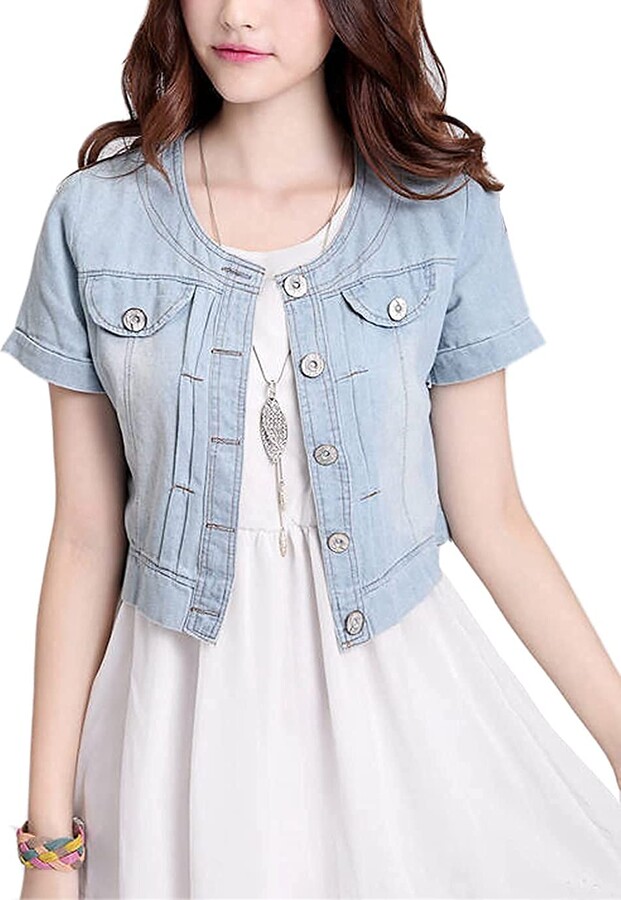 Lazutom Women's Button Down Collarless Denim Jacket Short Sleeve Crop Top Jean Coat (10 ShopStyle
