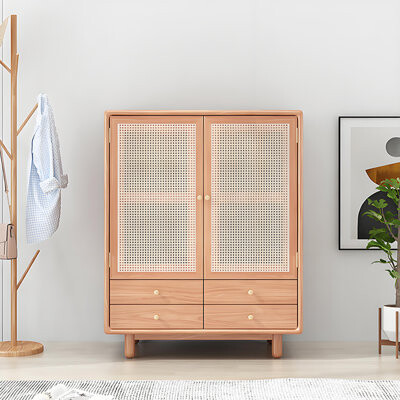 FECOPT 40.94"H Natural color Solid Wood and Wicker Double-Door Four Drawers Wardrobe