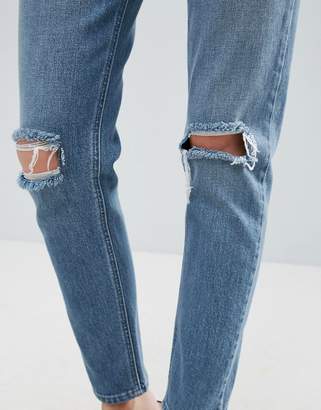 ASOS Design Farleigh High Waist Slim Mom Jeans In Light Stone Wash With Busted Knees