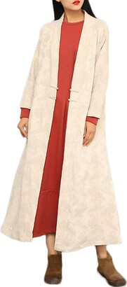 LZJN Women's Autumn Cotton Linen Jacquard Cardigan Long Jacket Coat Chinese Vintage Slim Trench Outerwear (Beige One Size)