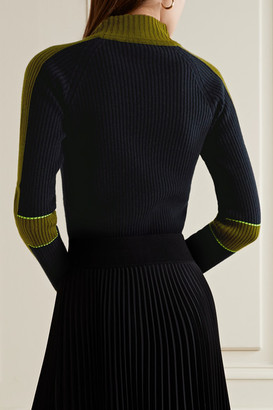 Victoria Beckham Color-block Ribbed Wool And Cashmere-blend Turtleneck Sweater - Navy