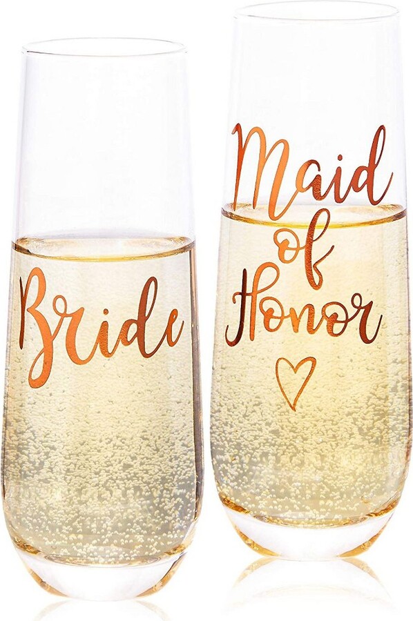 Juvale Set of 2 Rose Gold Stemless Champagne Glasses for Bride and Maid