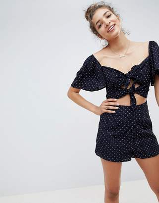 Fashion Union Tie Front Playsuit In Spot Print