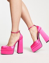 Thumbnail for your product : Daisy Street Exclusive double platform heeled shoes in bright pink satin