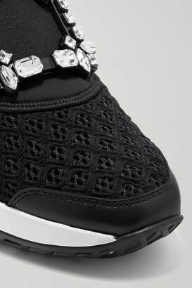 Roger Vivier Viv Run Crystal-embellished Stretch, Mesh And Leather Sneakers - Black
