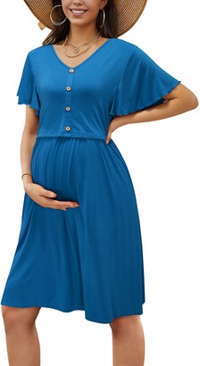 LAISHEN Women's Long Sleeve Maternity Dress Nursing Gown V Neck Breastfeeding Dress 
