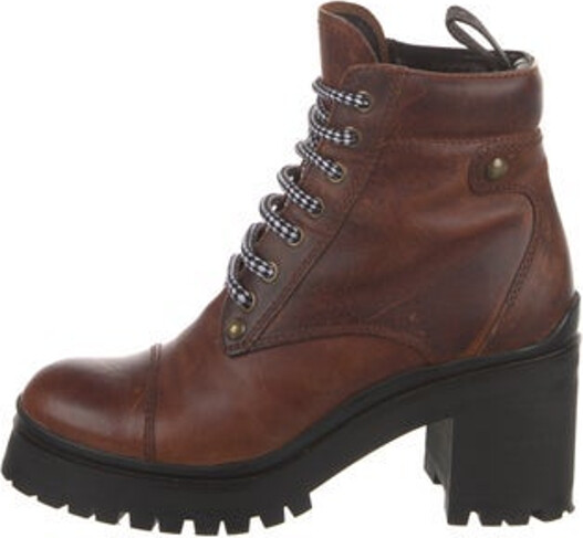 Miu Miu Leather Ankle Combat Boots Brown Colorblock Pattern Round-Toes Platform Wrap-Around Straps & Lace-Up Closure at Uppers Includes Box & Dust Bag Designer