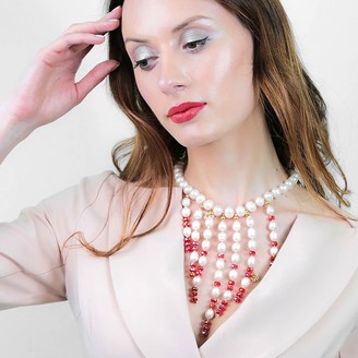 Farra Freshwater Pearls With Red Crystal Statement Necklace