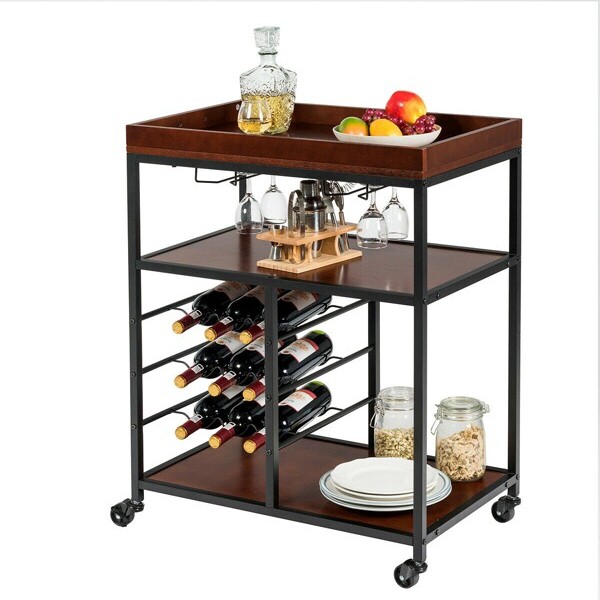 Costway Tall Freestanding Bar Cabinet Kitchen Buffet w/ Glass Holder &  Adjustable Shelf Black