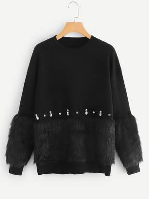 Shein Rhinestone and Faux Fur Embellished Sweater